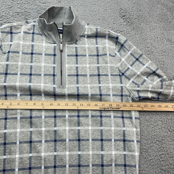 Nautica 1/4 Zip Pullover Sweater Mens M Windowpane Plaid Gray Blue Preppy NEW - Picture 3 of 10